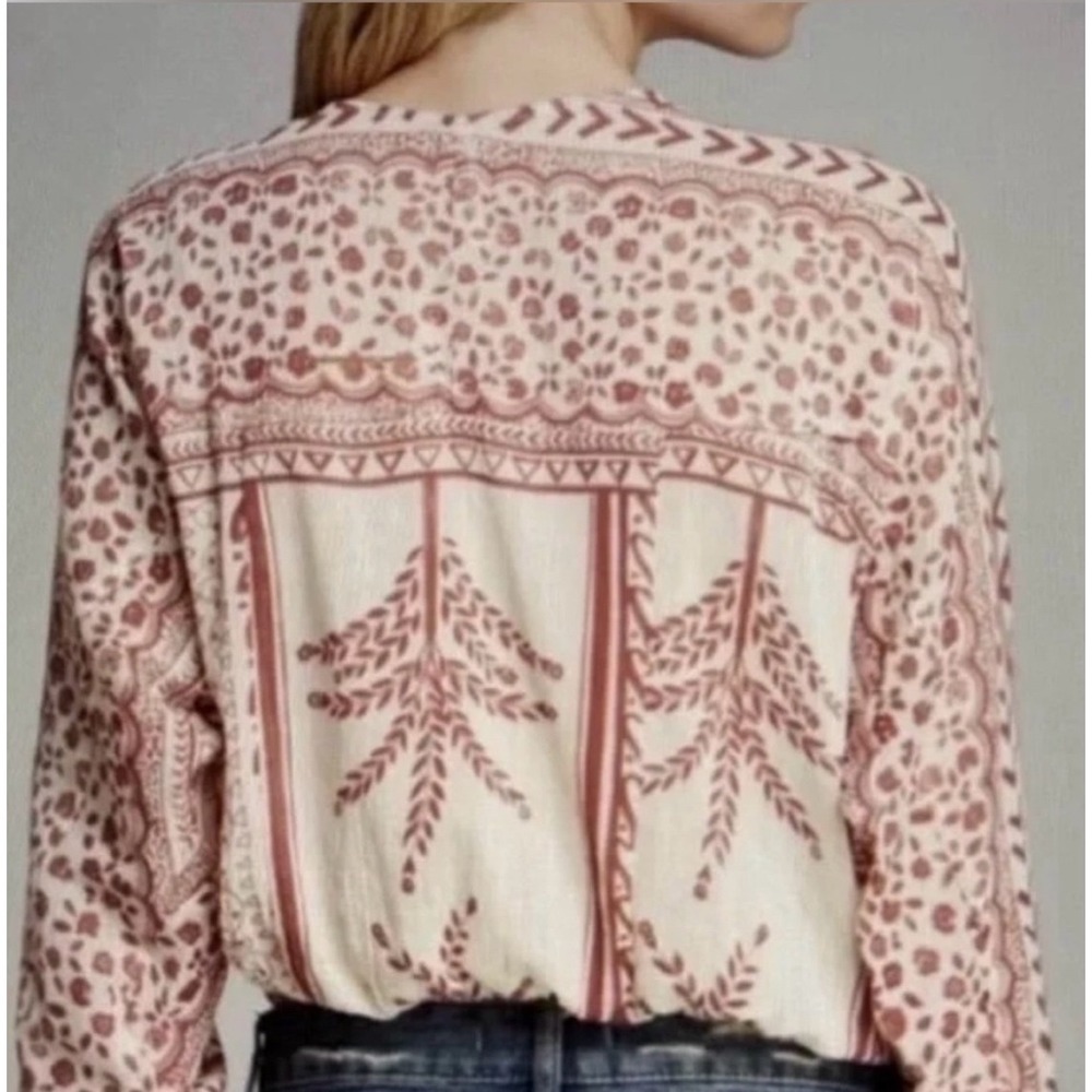 Free People Yo Yo Geo Peasant Blouse Red Cream Paisley Lace Up Tassel Boho M - Picture 2 of 16